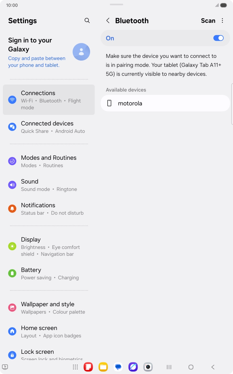 Press the required Bluetooth device and follow the instructions on the screen to pair the device with your tablet.