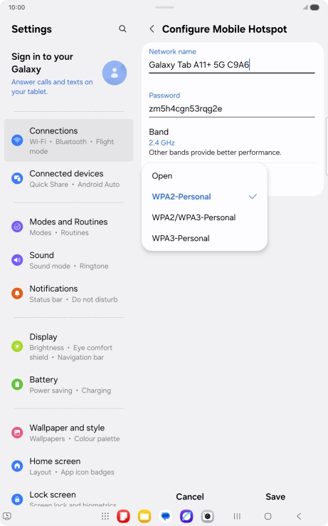 Press WPA3-Personal to password protect your Wi-Fi hotspot. Press WPA3-Personal to password protect your Wi-Fi hotspot.