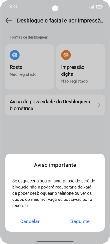 Prima Seguinte e siga as indicações no ecrã para estabelecer um código de bloqueio adicional.