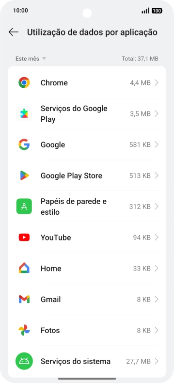 O consumo de dados de cada aplicação é mostrado sob o nome da aplicação.