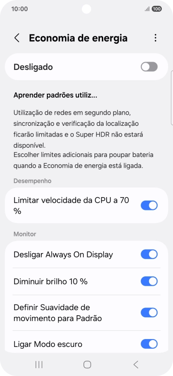 Prima os indicadores junto às definições pretendidas para as ativar ou desativar.