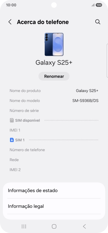 O código IMEI é mostrado no ecrã.