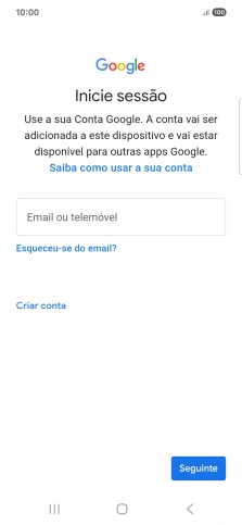Se não tiver uma conta Google, prima Criar conta e siga as indicações no ecrã para criar uma conta.