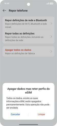 Prima Limpar. Aguarde um momento enquanto o telefone restabelece as definições originais. Siga as indicações no ecrã para configurar o telefone de modo que este fique pronto a ser utilizado.
