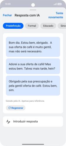 As sugestões de texto são mostradas no ecrã.