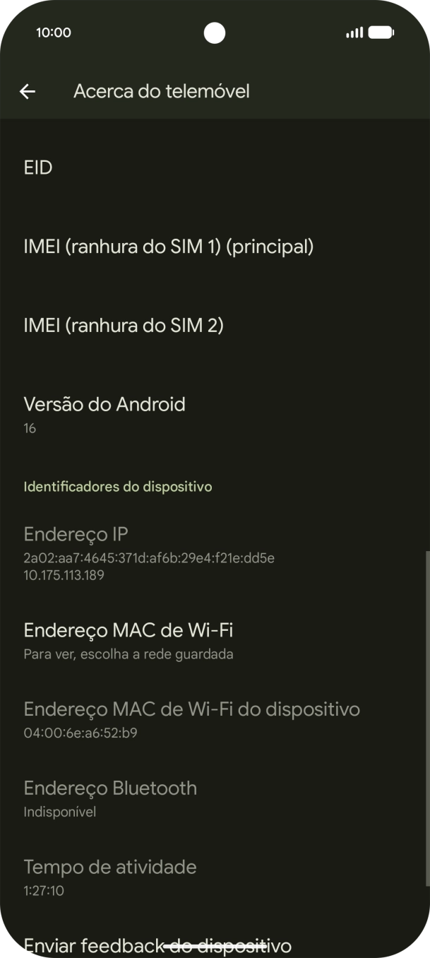 O código IMEI é mostrado no ecrã.