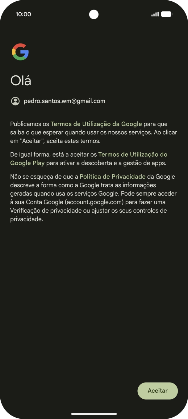 Prima Aceitar e siga as indicações no ecrã para escolher as definições da conta Google.
