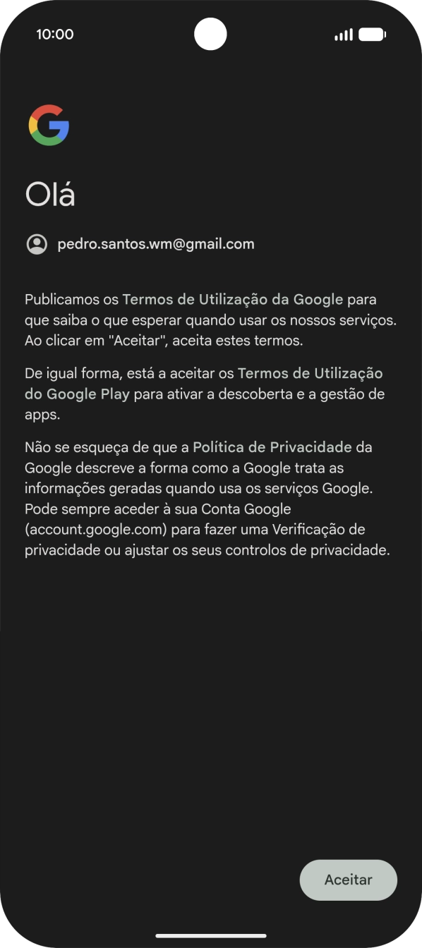 Prima Aceitar e siga as indicações no ecrã para escolher as definições da conta Google.