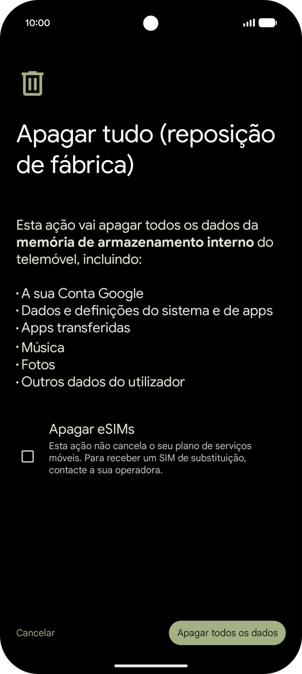 Prima Apagar todos os dados.