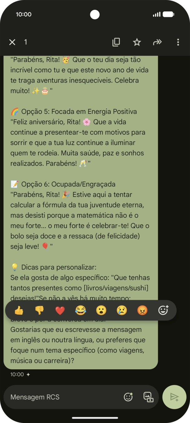 Mantenha premida por um momento a sugestão de texto da Gemini. Siga as indicações no ecrã  para utilizar a sugestão de texto.
