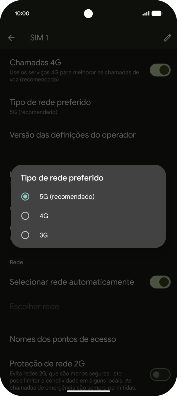 Prima o tipo de rede pretendido.