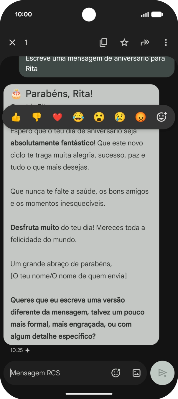 Mantenha premida por um momento a sugestão de texto da Gemini. Siga as indicações no ecrã  para utilizar a sugestão de texto.