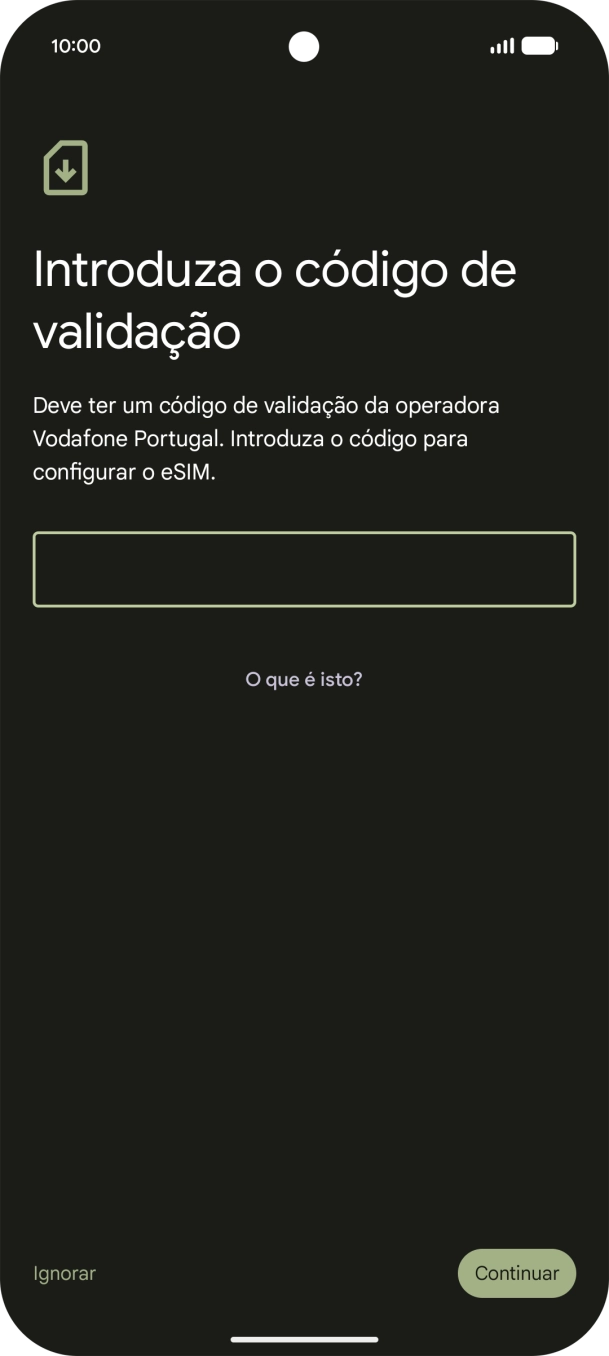 Introduza o código de confirmação enviado e prima Continuar.