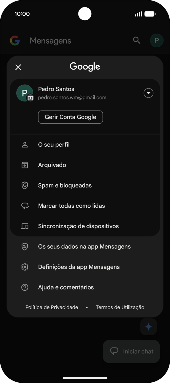 Prima Definições da app Mensagens.