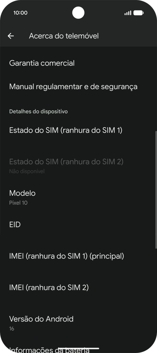 O código IMEI é mostrado no ecrã.