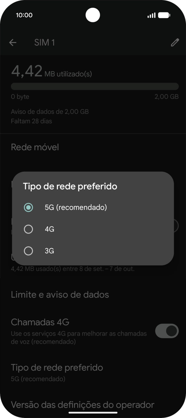 Prima o tipo de rede pretendido.