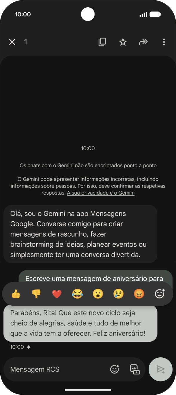 Mantenha premida por um momento a sugestão de texto da Gemini. Siga as indicações no ecrã  para utilizar a sugestão de texto.