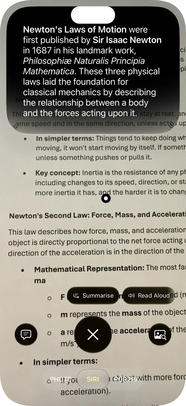 To use visual intelligence on a text, take a picture of the text, press the required setting and follow the instructions on the screen to use the function.