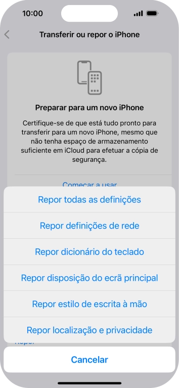 Prima Repor definições de rede.