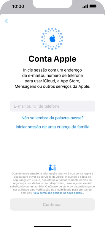 Prima E-mail ou n.º de telefone e introduza o nome de utilizador do seu ID Apple.