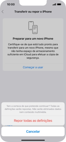 Prima Repor todas as definições. Aguarde um momento enquanto o telefone restabelece as definições originais. Siga as indicações no ecrã para configurar o telefone de modo que este fique pronto a ser utilizado.