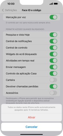 Se ativar a função, prima Ativar.