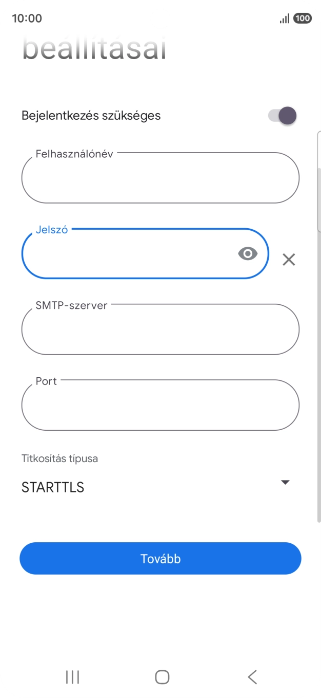 Kattints az „SMTP-szerver” alatti mezőre, és írd be az e-mail szolgáltatód kimenő szerverének a nevét.