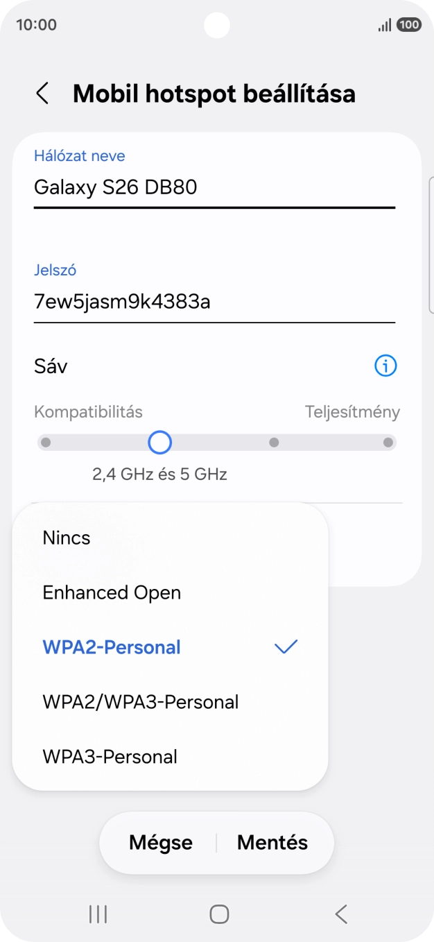 Válaszd a WPA3-Personal lehetőséget, ha jelszóval szeretnéd védeni a Wi-Fi hotspotodat.