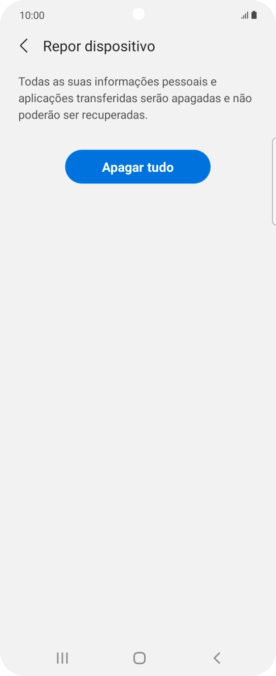 Prima Apagar tudo. Aguarde um momento enquanto o telefone restabelece as definições originais. Siga as indicações no ecrã para configurar o telefone de modo que este fique pronto a ser utilizado.