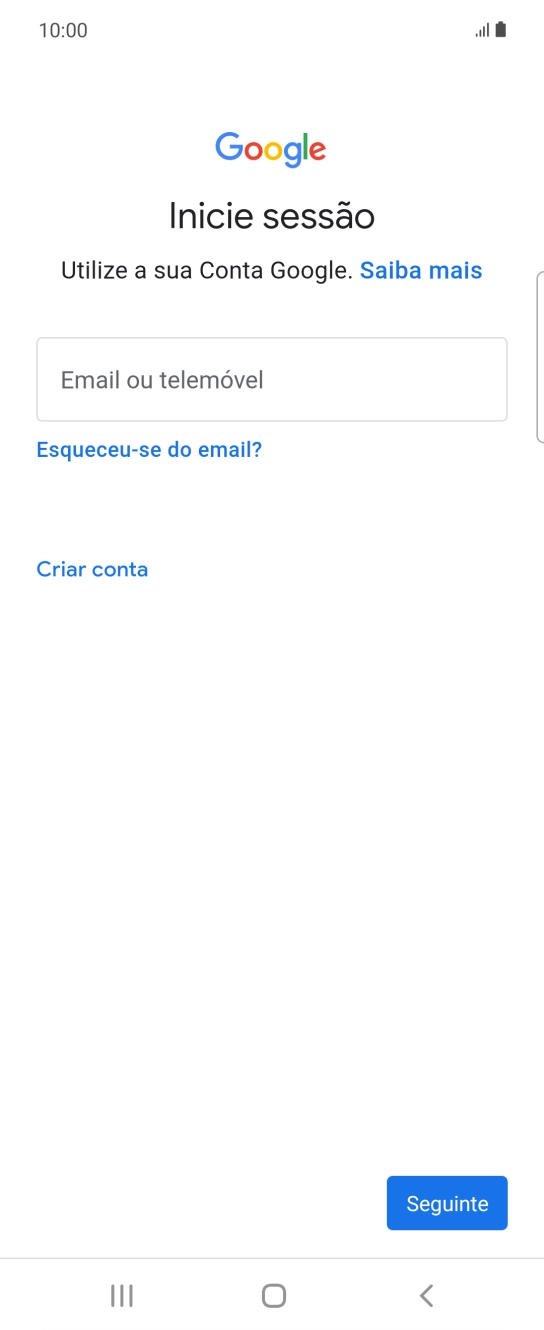 Se não tiver uma conta Google, prima Criar conta e siga as indicações no ecrã para criar uma conta.