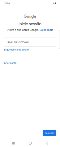 Se não tiver uma conta Google, prima Criar conta e siga as indicações no ecrã para criar uma conta.
