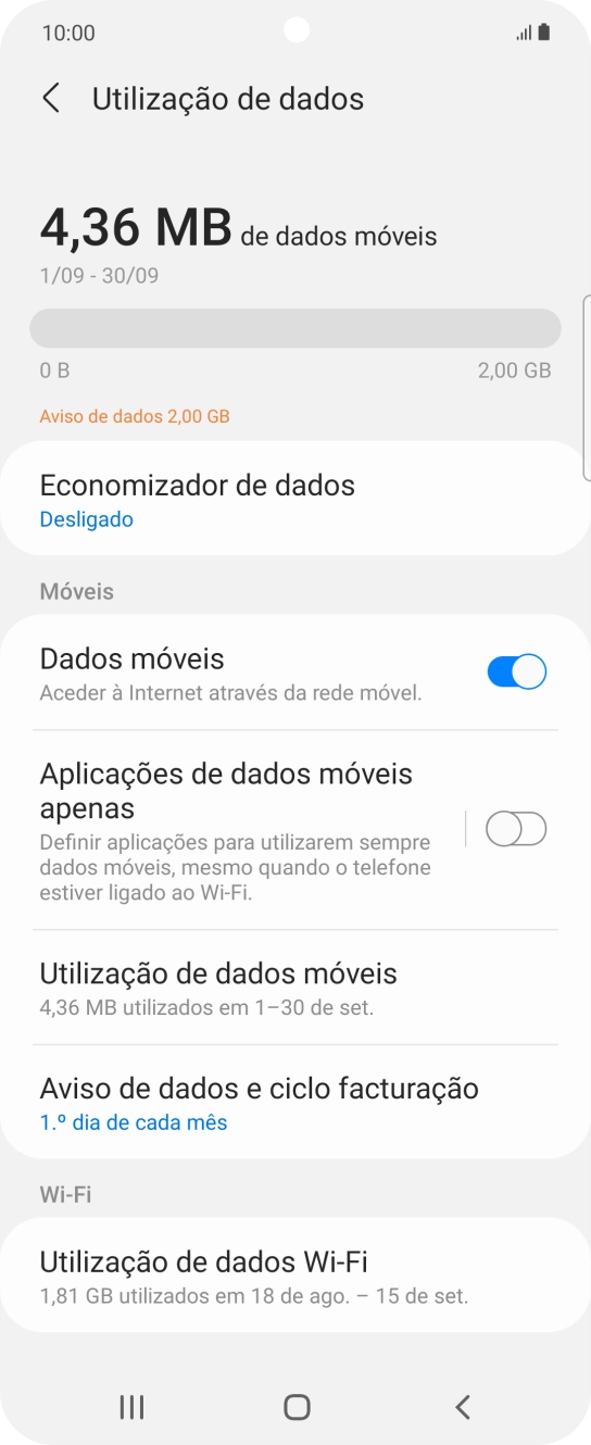 O consumo total de dados é agora mostrado no ecrã.