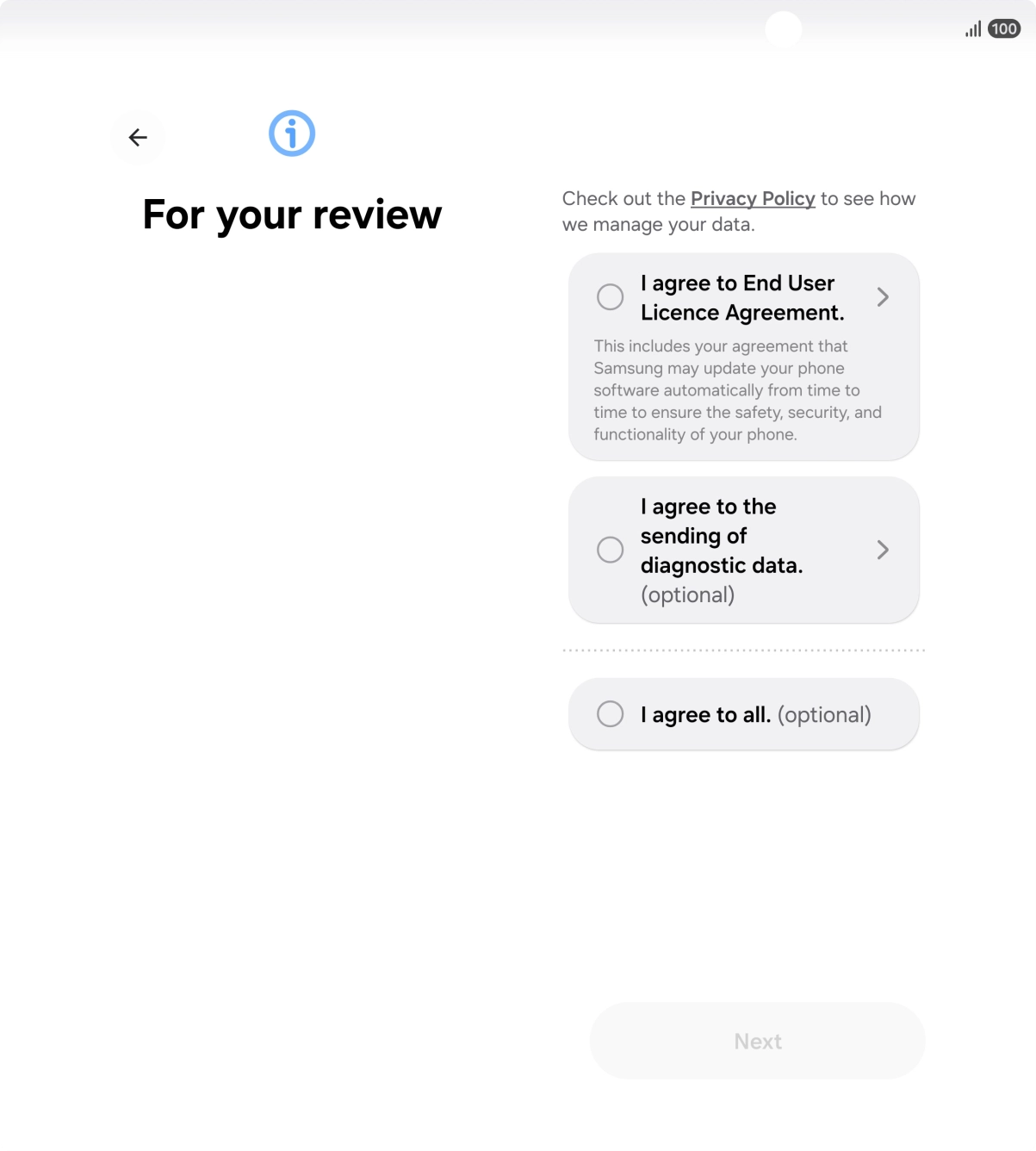 Press the fields next to the required settings to select them.