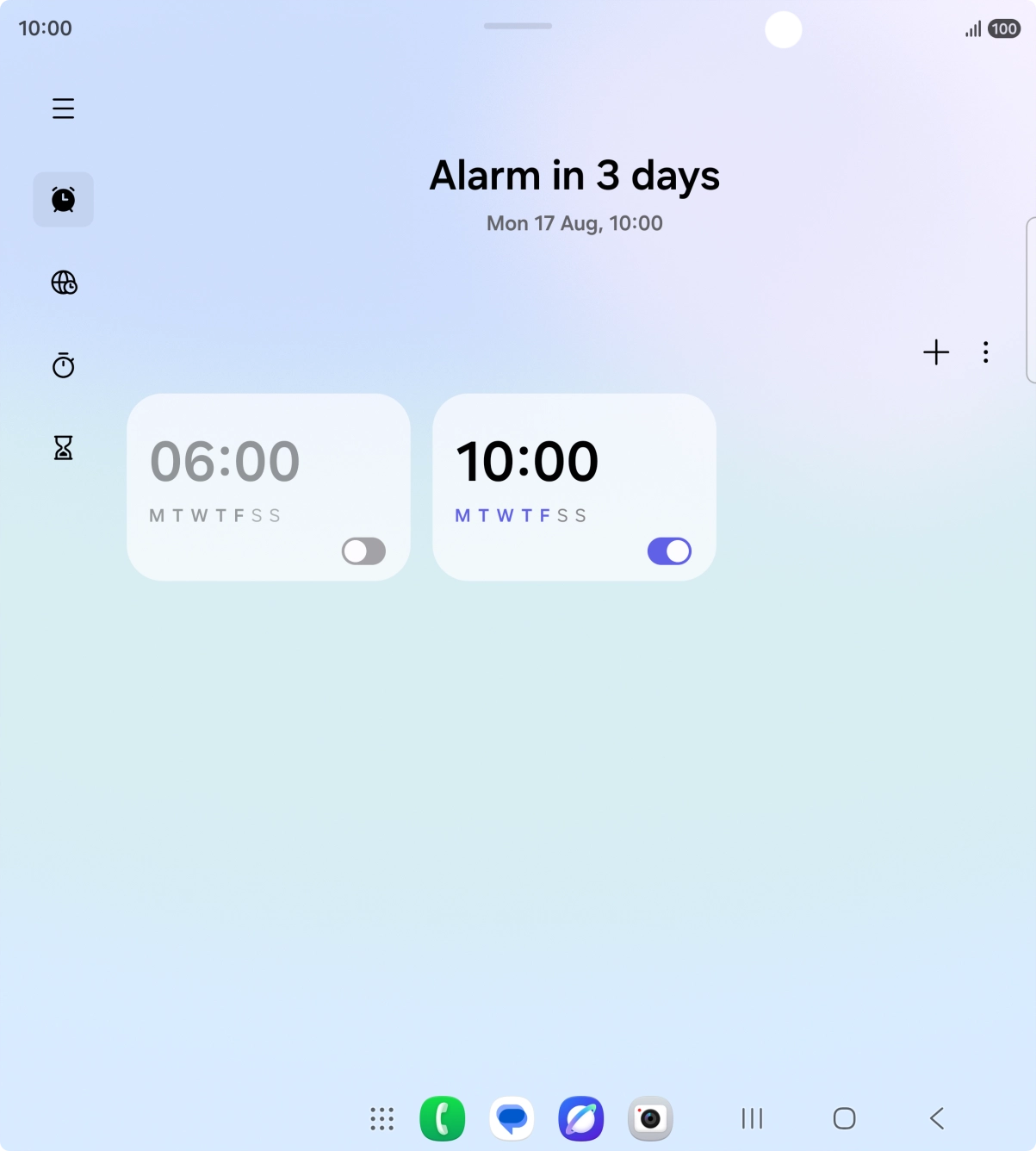 Press the indicator next to the required alarm to turn the alarm on or off.