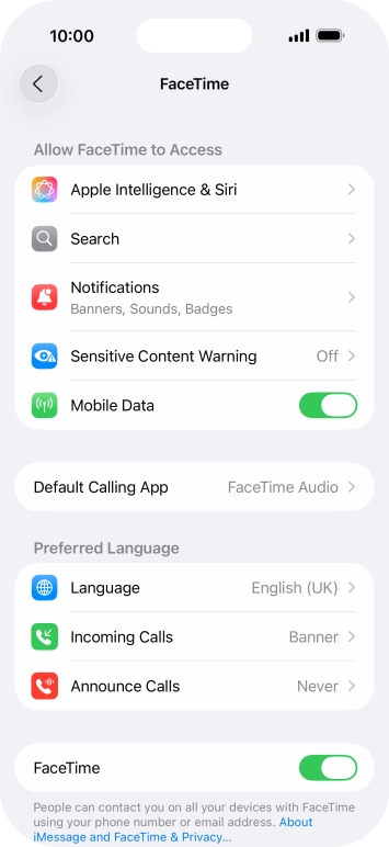 Press the indicator next to 'FaceTime' to turn the function on or off.