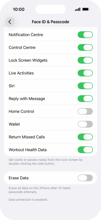 Press the indicator next to 'Erase Data' to turn the function on or off.