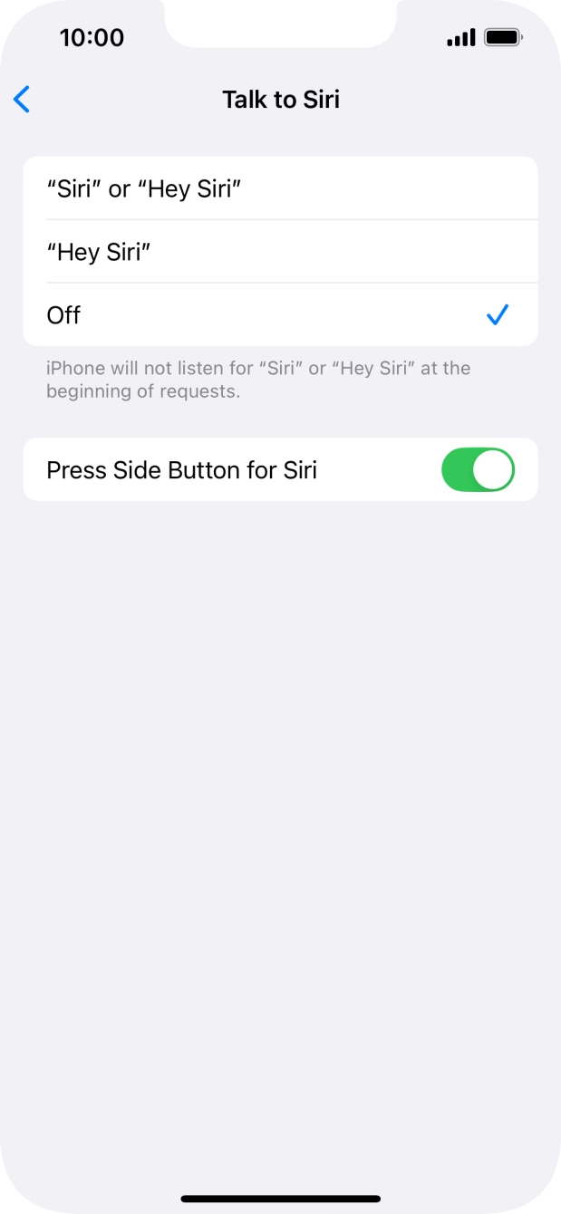 Press the required setting to turn the function on or off. If you turn on the function, you need to follow the instructions on the screen to set up Siri to recognize your voice.
