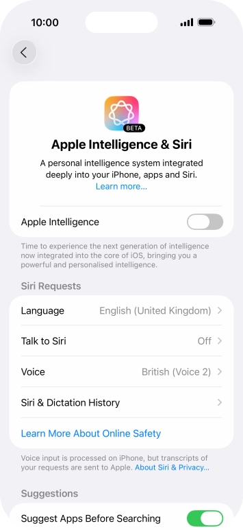 Press the indicator next to 'Apple Intelligence' and follow the instructions on the screen to finish the activation.