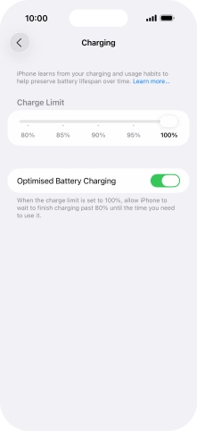Press the indicator next to 'Optimised Battery Charging' to turn the function on or off.