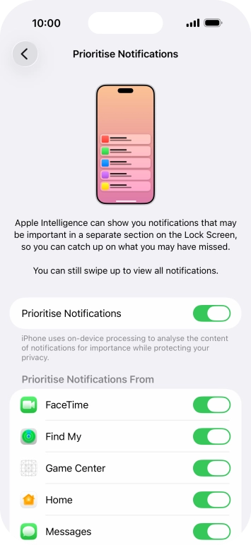 Press the indicator next to 'Prioritise Notifications' to turn the function on or off.