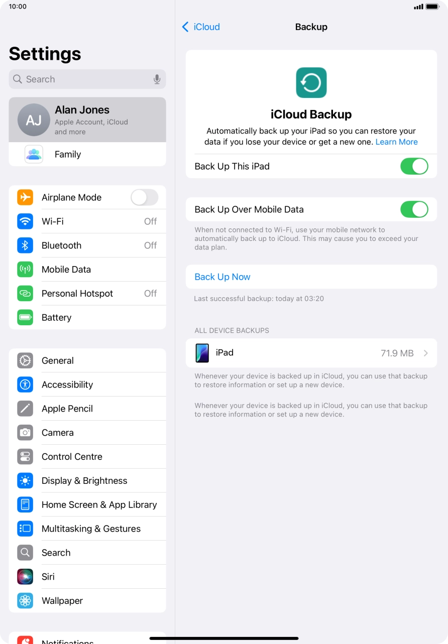 Press Back Up Now and wait while the tablet memory is backed up.