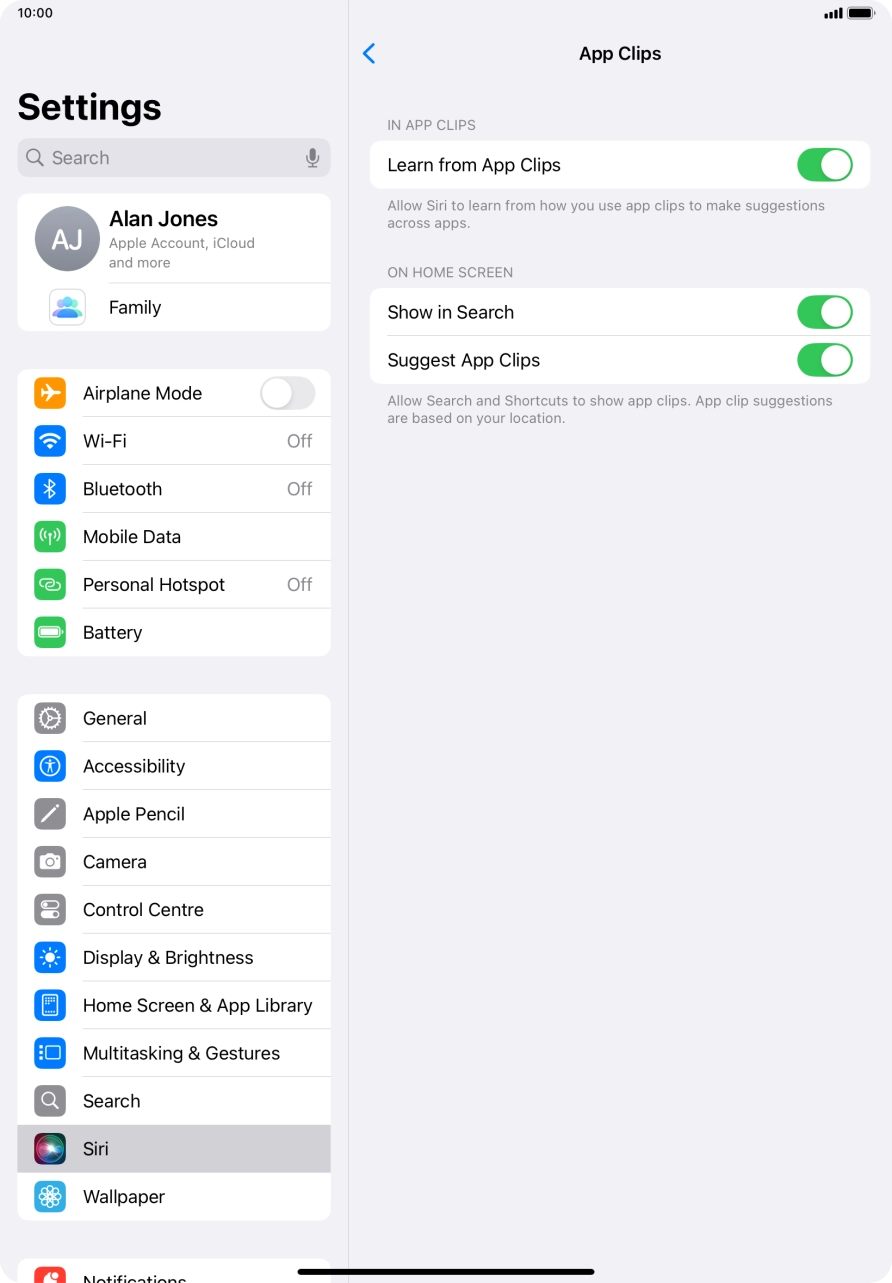 Press the indicators next to the required settings to turn them on or off.