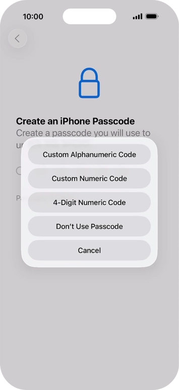 Follow the instructions on the screen to turn on the lock code or press Don't Use Passcode.