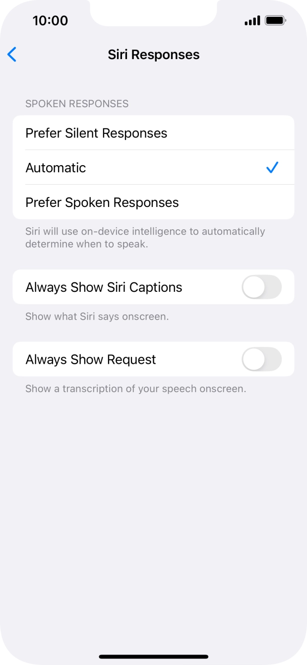 Press the required setting.