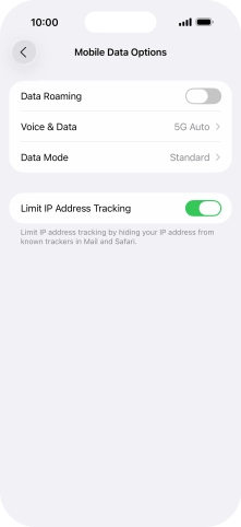 Press the indicator next to 'Data Roaming' to turn the function on or off.