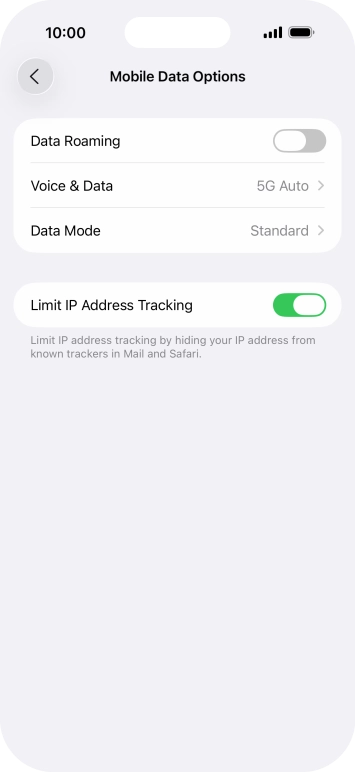 Press the indicator next to 'Data Roaming' to turn the function on or off.