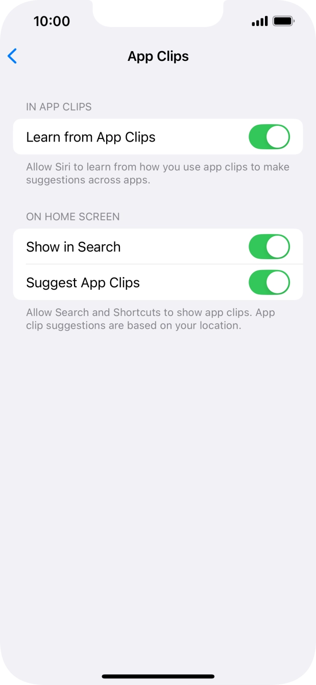 Press the indicators next to the required settings to turn them on or off.