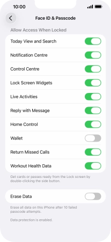 Press the indicator next to 'Erase Data' to turn the function on or off. Press the indicator next to 'Erase Data' to turn the function on or off.