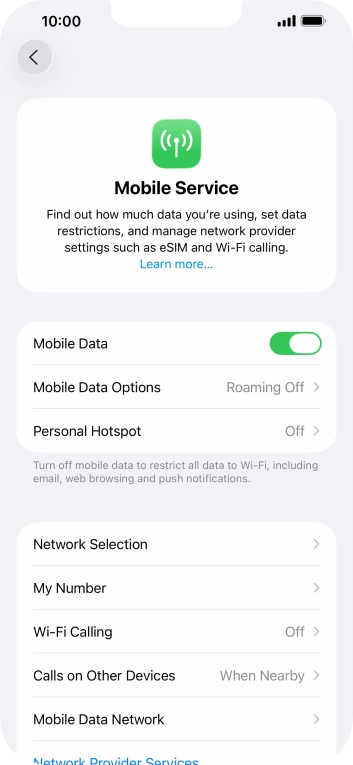Press the indicator next to 'Mobile Data' to turn the function on or off. Press the indicator next to 'Mobile Data' to turn the function on or off.
