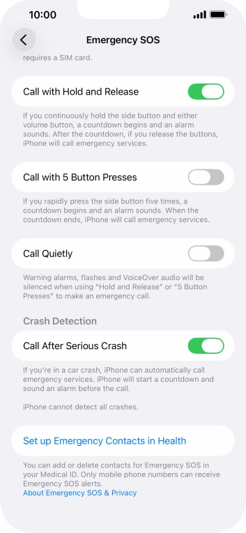 Press Set up Emergency Contacts in Health and follow the instructions on the screen to key in your emergency info and emergency contacts.
